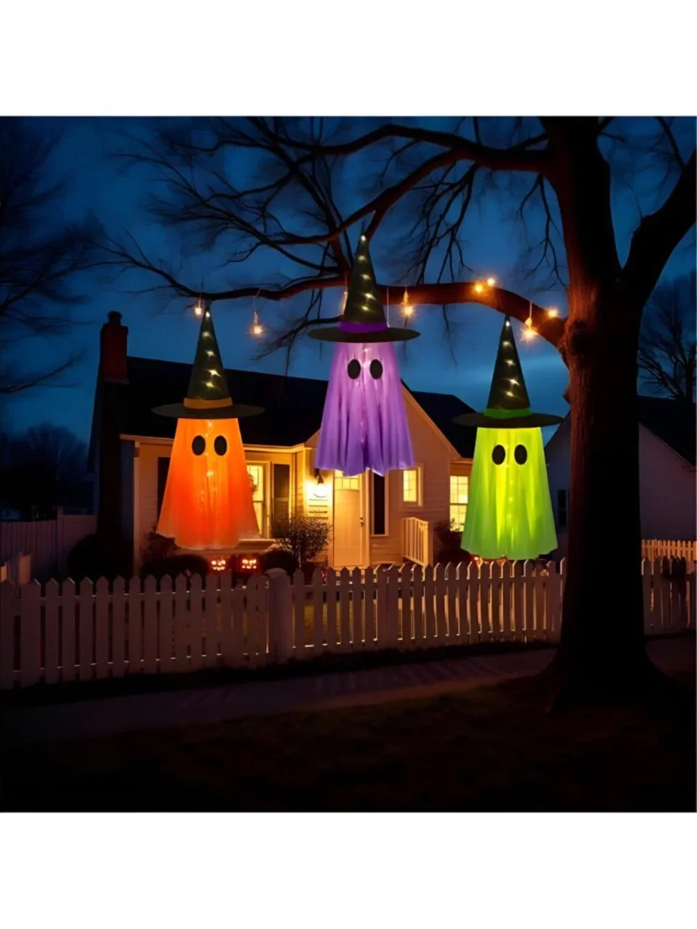 3 Pack Light-up Halloween Hanging Witch Ghost Decor Outdoor
